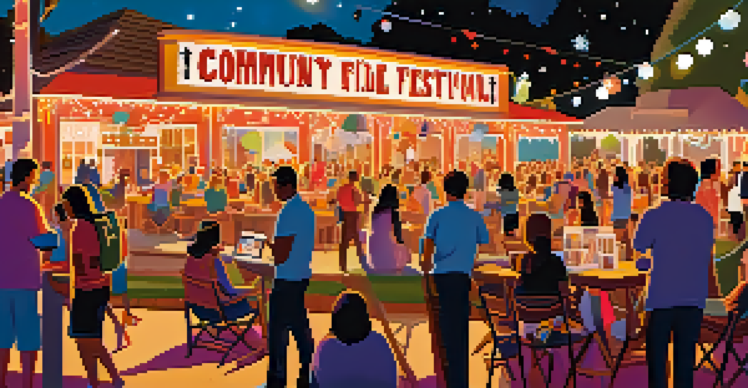 A lively outdoor community film festival with people watching films, colorful decorations, and fairy lights.