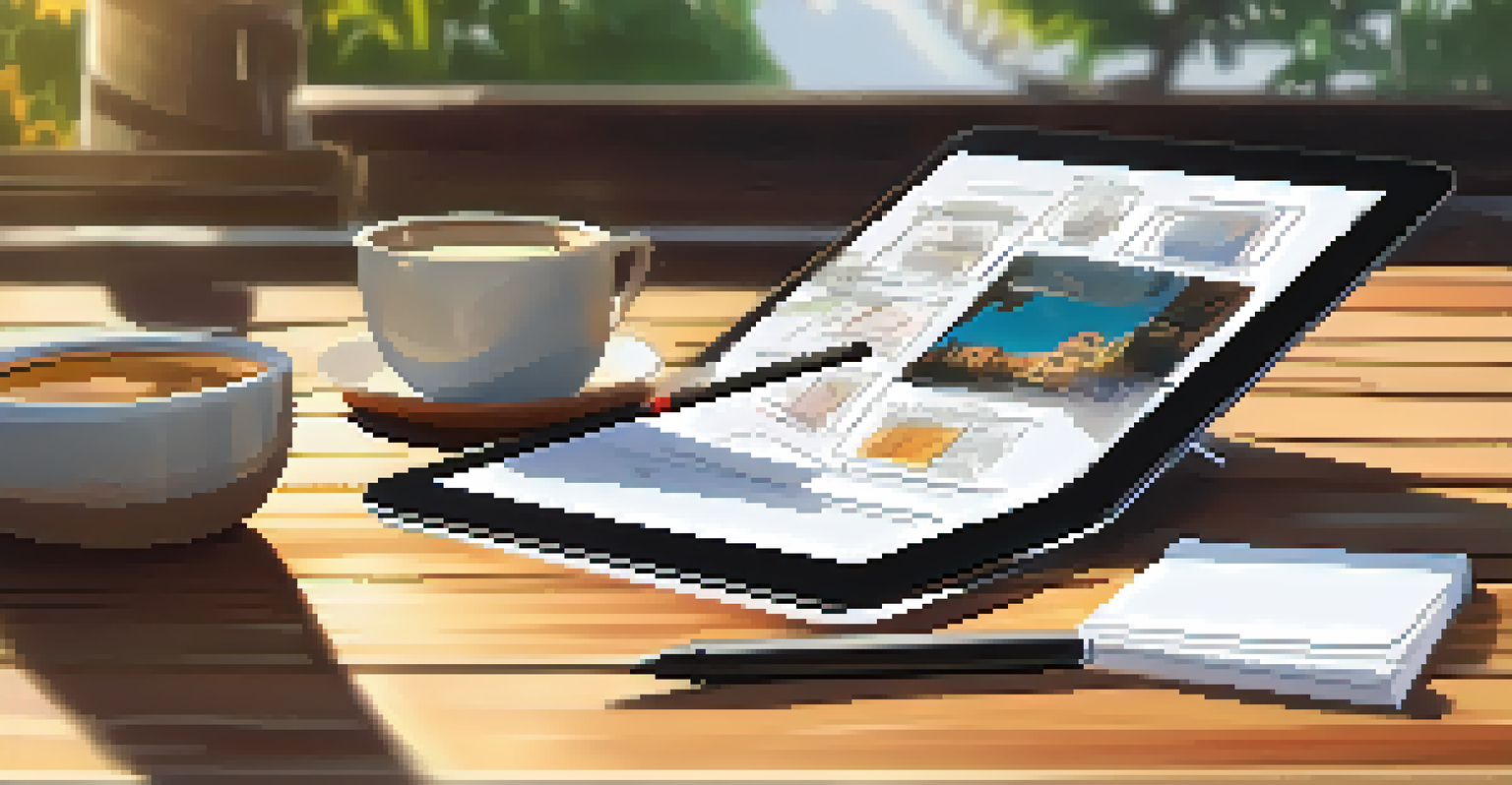 A digital storyboard on a tablet showing various scenes, placed on a table with a coffee cup and notepad.