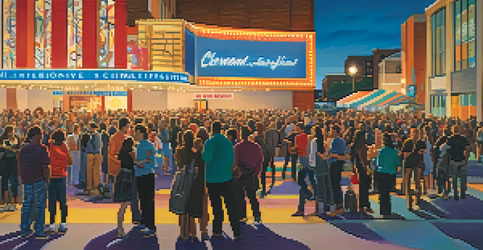 A lively crowd gathered outside a cinema for the Cleveland International Film Festival, with colorful banners and warm streetlight glow.
