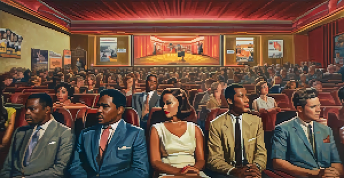 A 1960s cinema with a diverse audience watching a civil rights film, illuminated by projector light and surrounded by vintage movie posters.