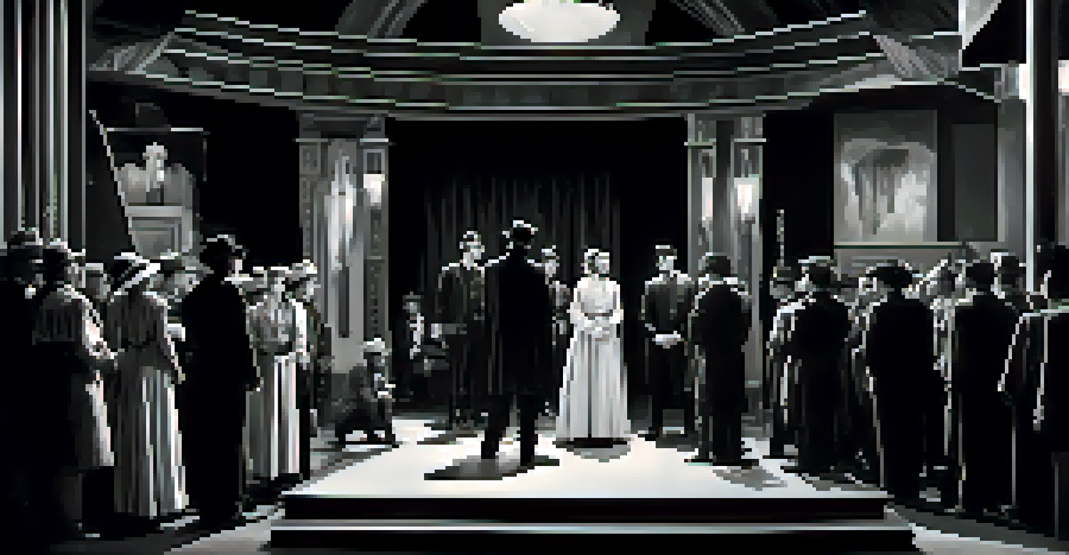 Actors in silent film costumes performing on set, with vintage film equipment in the background and dramatic lighting.