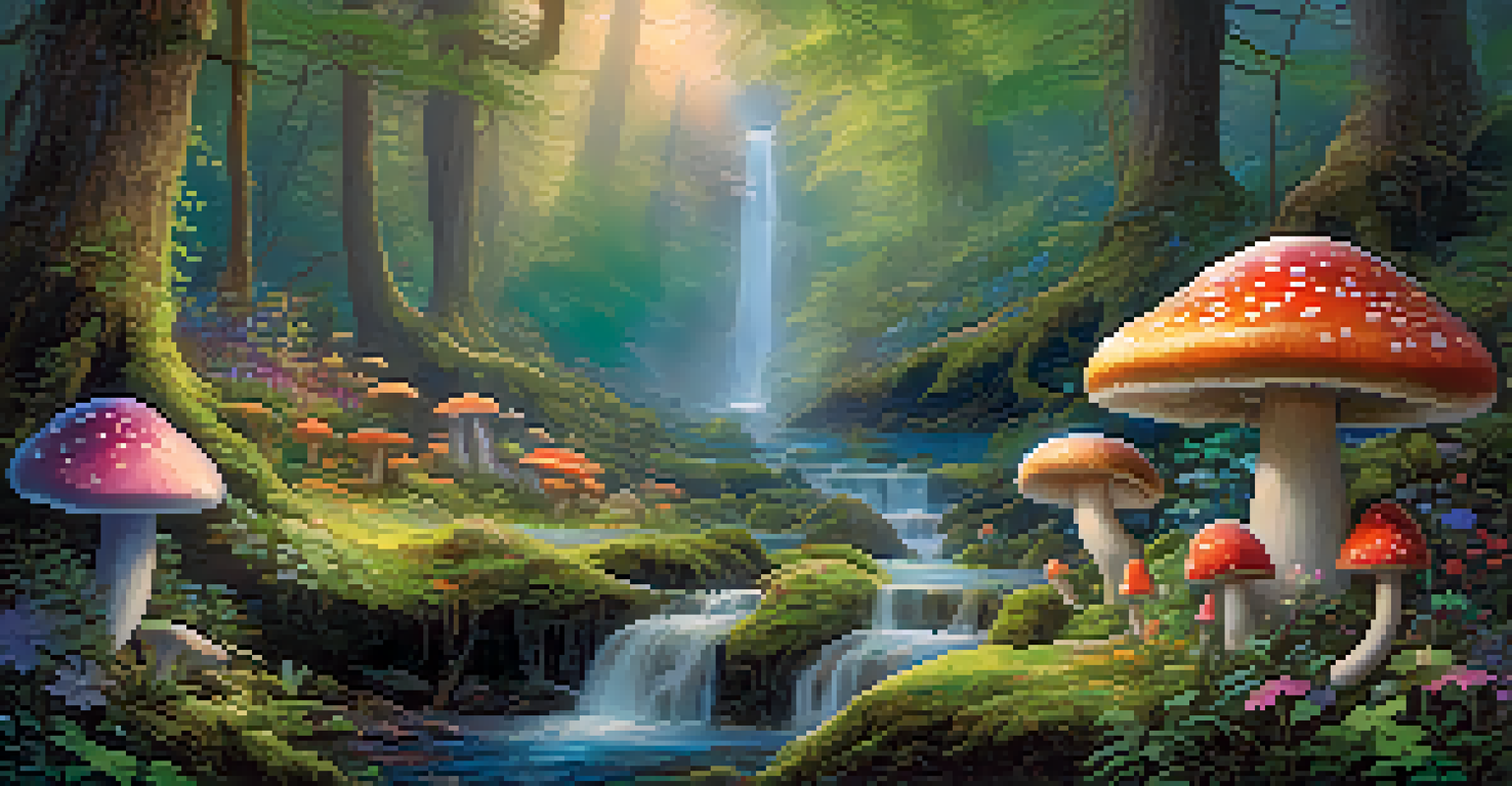 A magical fantasy forest with mythical creatures, ancient trees, and glowing flowers under soft light.