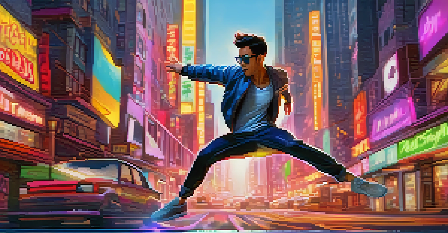 An animated character mid-action in a lively urban setting, surrounded by bright neon lights and bustling city life.