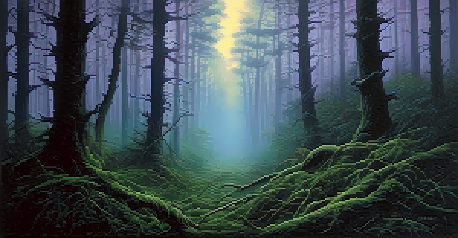 A dark forest at twilight with glowing eyes in the underbrush, suggesting a lurking creature.