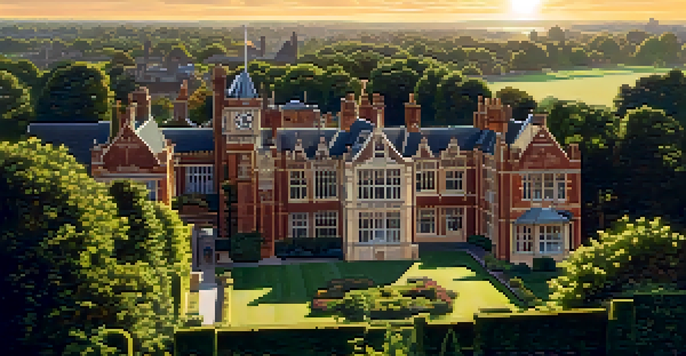 A historic building at Bletchley Park surrounded by gardens, with codebreakers collaborating on machines in warm sunset light.