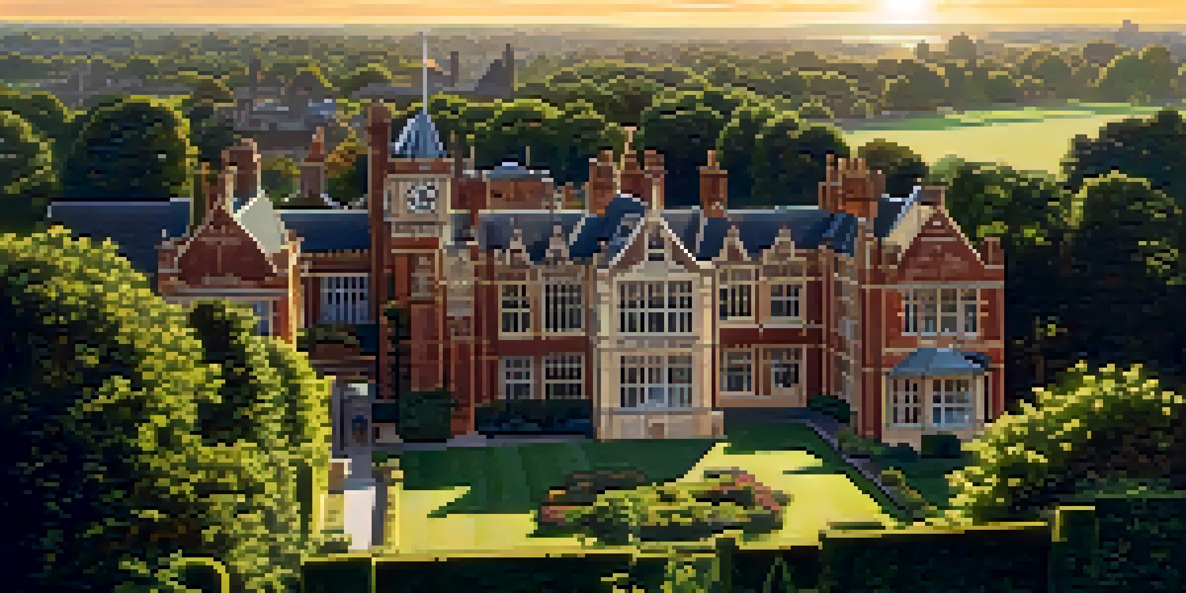 A historic building at Bletchley Park surrounded by gardens, with codebreakers collaborating on machines in warm sunset light.