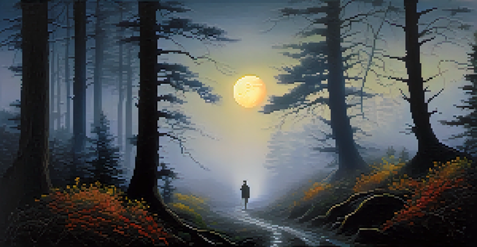 A misty forest illuminated by the moon, with shadowy trees and a narrow path, featuring wildflowers and a silhouette of a mysterious figure in the background.