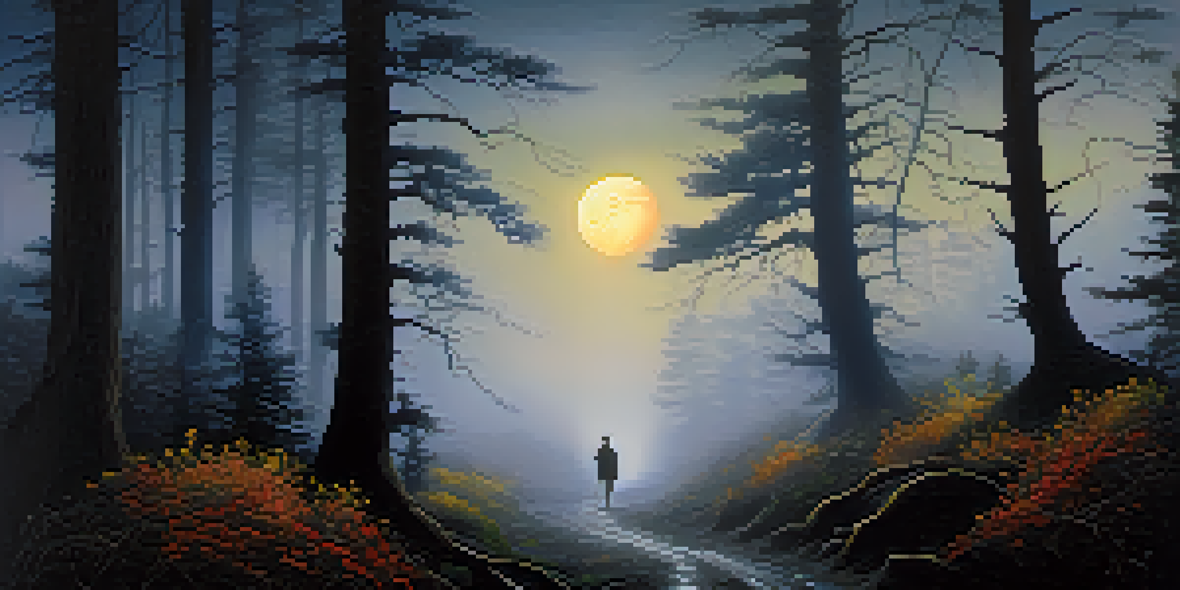 A misty forest illuminated by the moon, with shadowy trees and a narrow path, featuring wildflowers and a silhouette of a mysterious figure in the background.