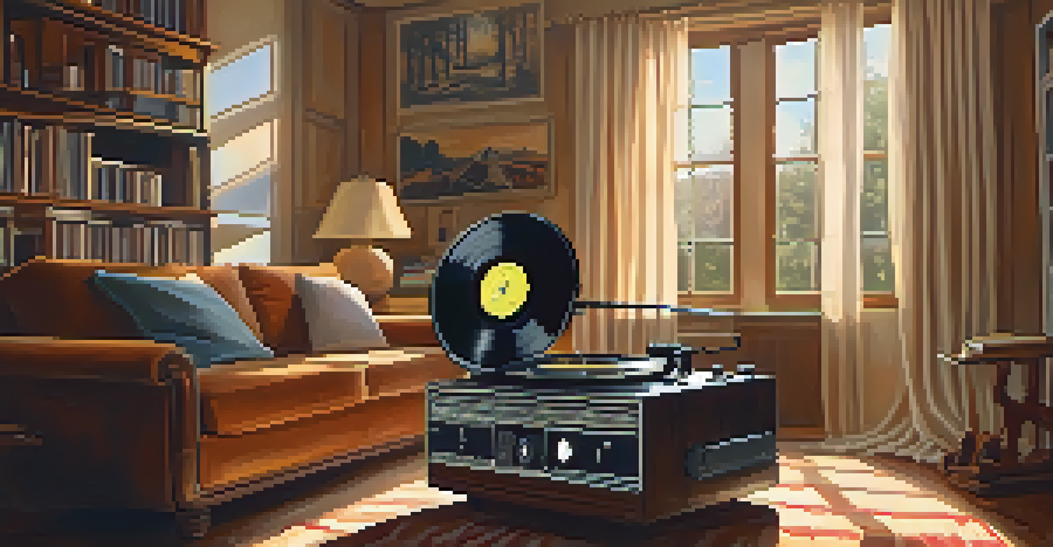An old vinyl record player spinning a classic record in a vintage living room filled with retro furniture and sunlight streaming through curtains.