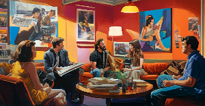 A diverse group of filmmakers engaged in a lively discussion about a movie script on a film set, surrounded by colorful movie posters and a vintage camera.