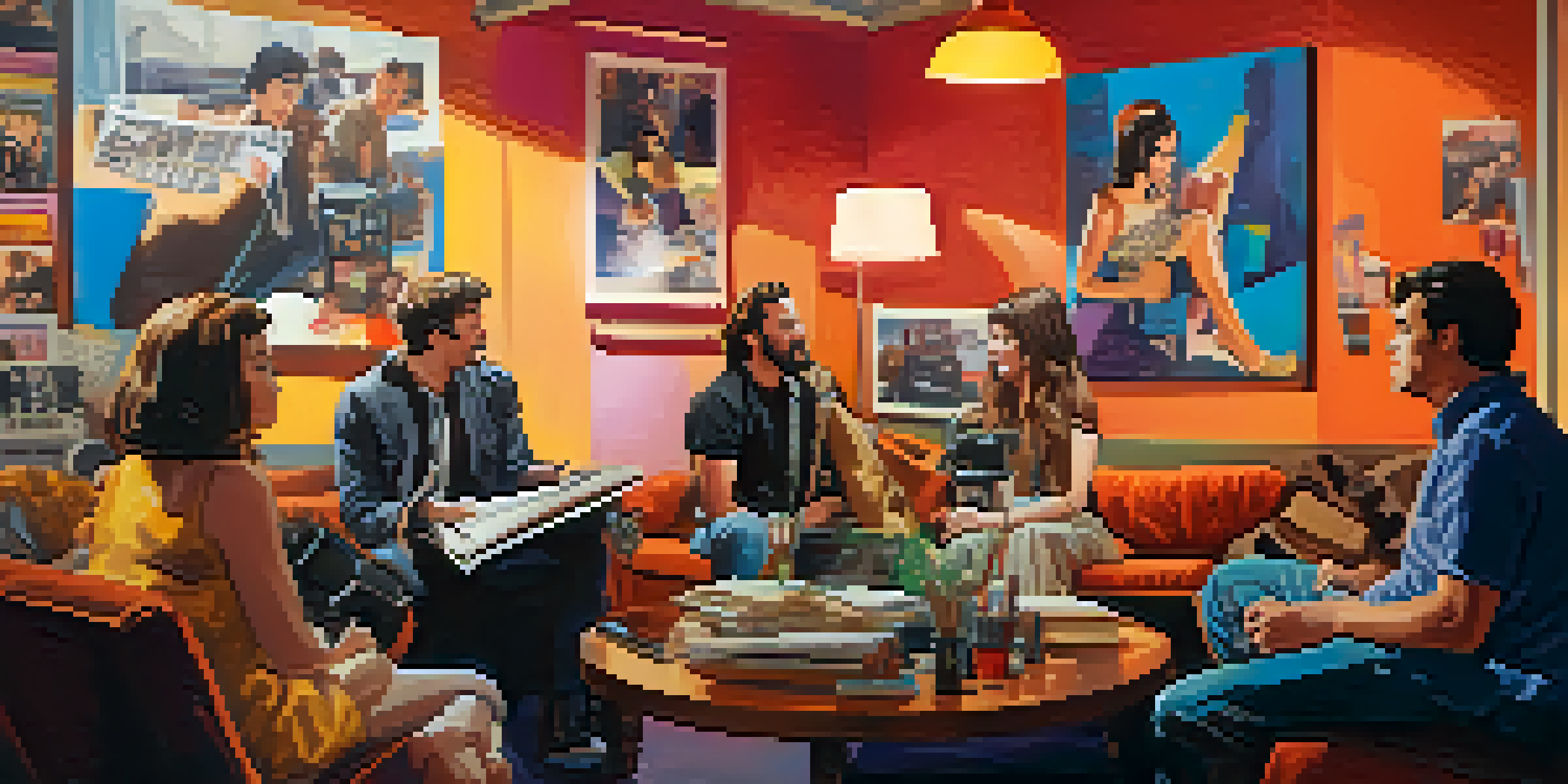A diverse group of filmmakers engaged in a lively discussion about a movie script on a film set, surrounded by colorful movie posters and a vintage camera.