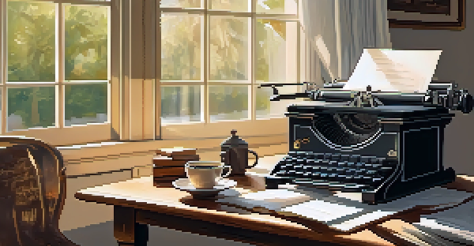 A cozy writing desk with a vintage typewriter, papers, and a cup of coffee, illuminated by warm sunlight through a window.