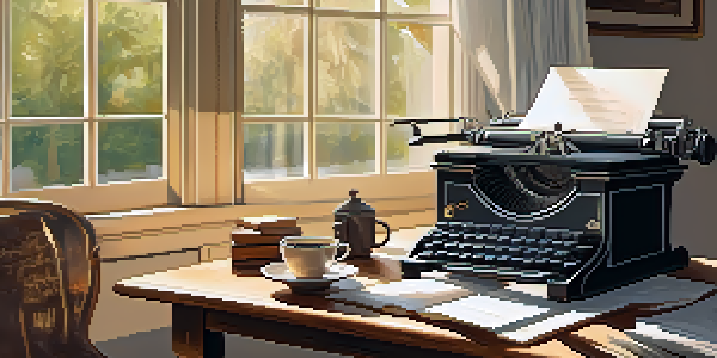 A cozy writing desk with a vintage typewriter, papers, and a cup of coffee, illuminated by warm sunlight through a window.
