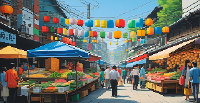 A lively South Korean street market with colorful stalls, fresh produce, and street food vendors under a clear blue sky.