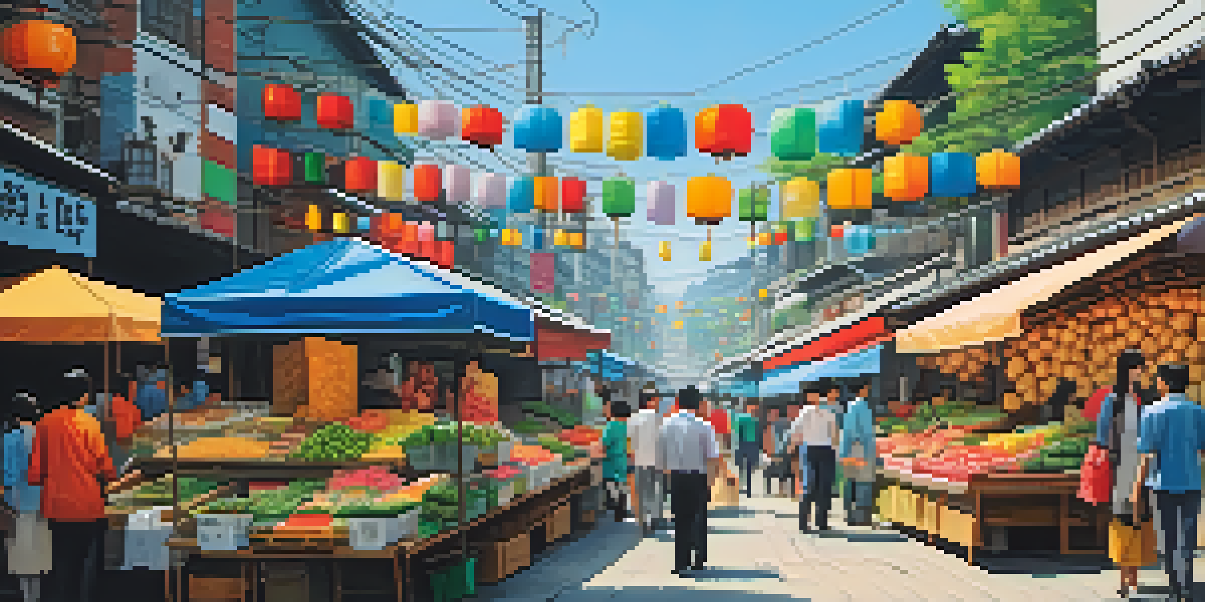 A lively South Korean street market with colorful stalls, fresh produce, and street food vendors under a clear blue sky.