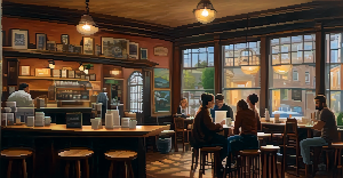 A warm and inviting coffee shop interior with wooden tables, ambient lighting, and a barista making a latte, while patrons enjoy their time.