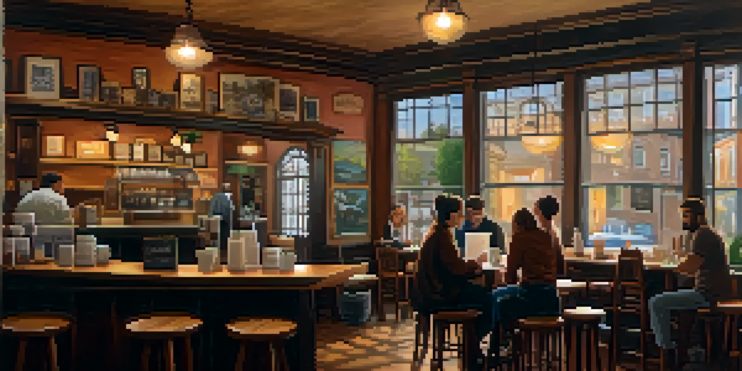 A warm and inviting coffee shop interior with wooden tables, ambient lighting, and a barista making a latte, while patrons enjoy their time.