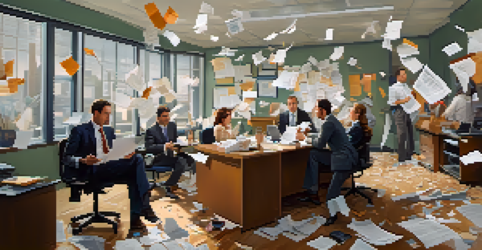 Characters in an office having a chaotic and humorous moment during a serious meeting.