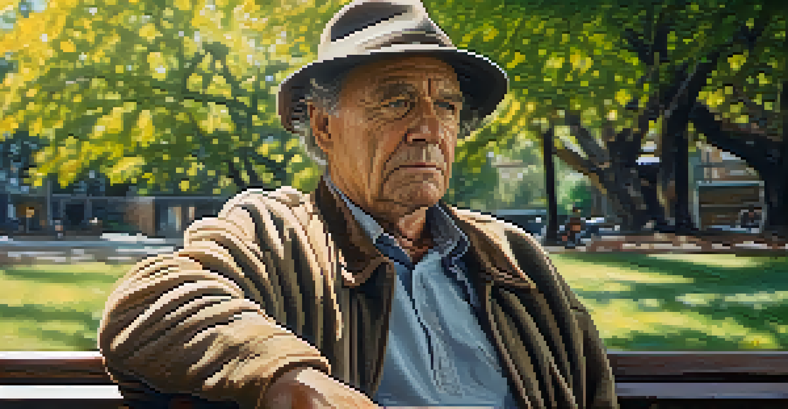 A close-up of a weary middle-aged man sitting on a park bench, expressing resilience.