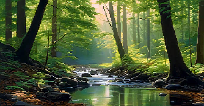 A peaceful forest with sunlight streaming through the trees and a gentle stream flowing.