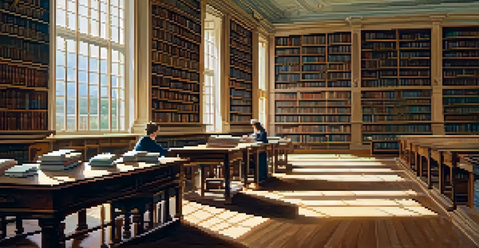 A peaceful library with sunlit wooden tables and a person reading an open book among shelves of classic literature.