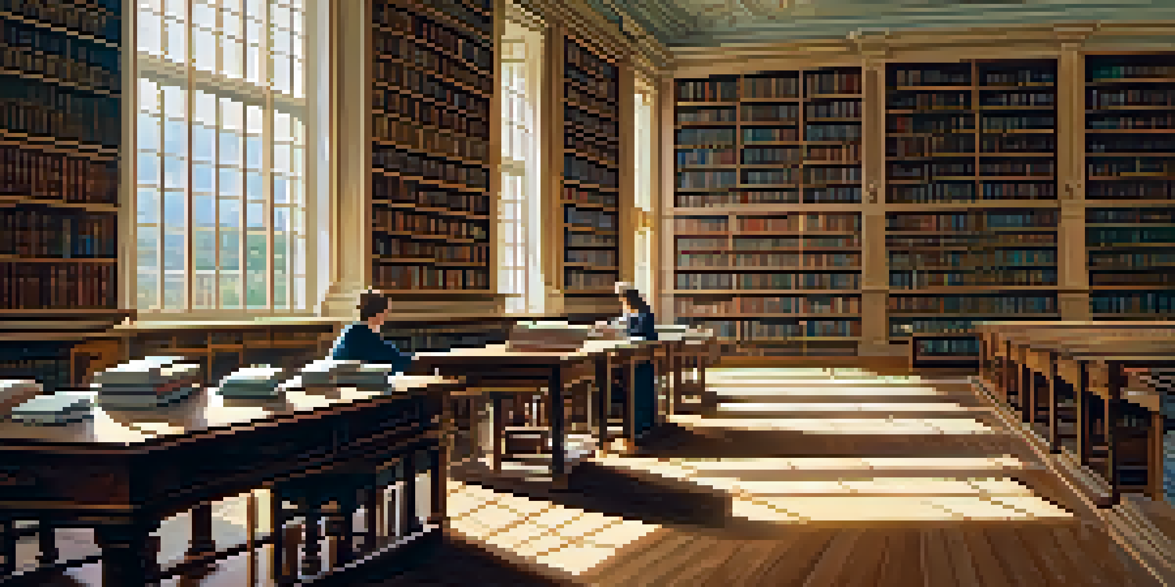 A peaceful library with sunlit wooden tables and a person reading an open book among shelves of classic literature.