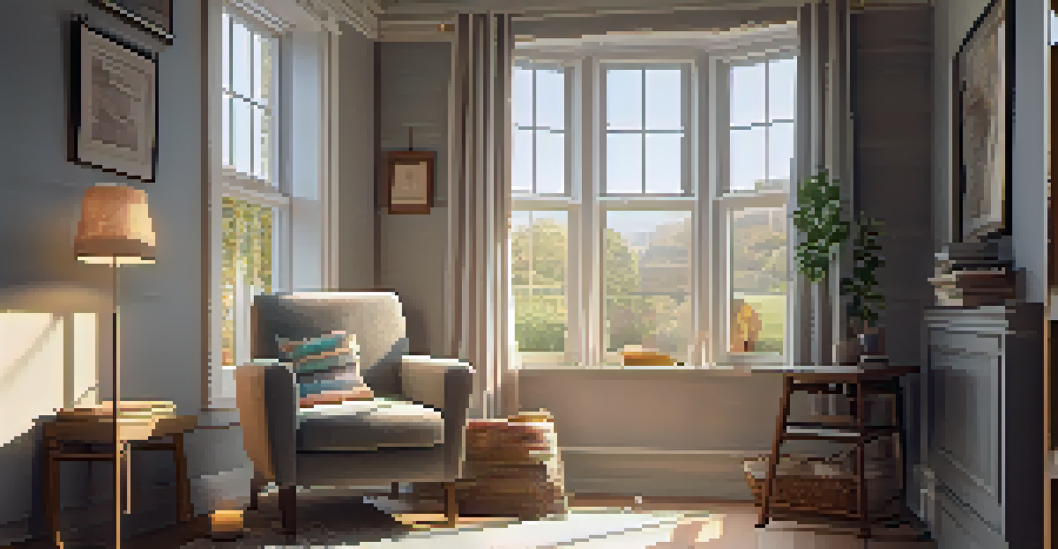 A cozy reading nook by a window with a plush armchair, a blanket, a cup of tea, and an open book, bathed in warm sunlight.