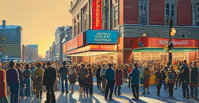 A lively outdoor scene at the Montreal World Film Festival with people chatting and colorful festival banners.