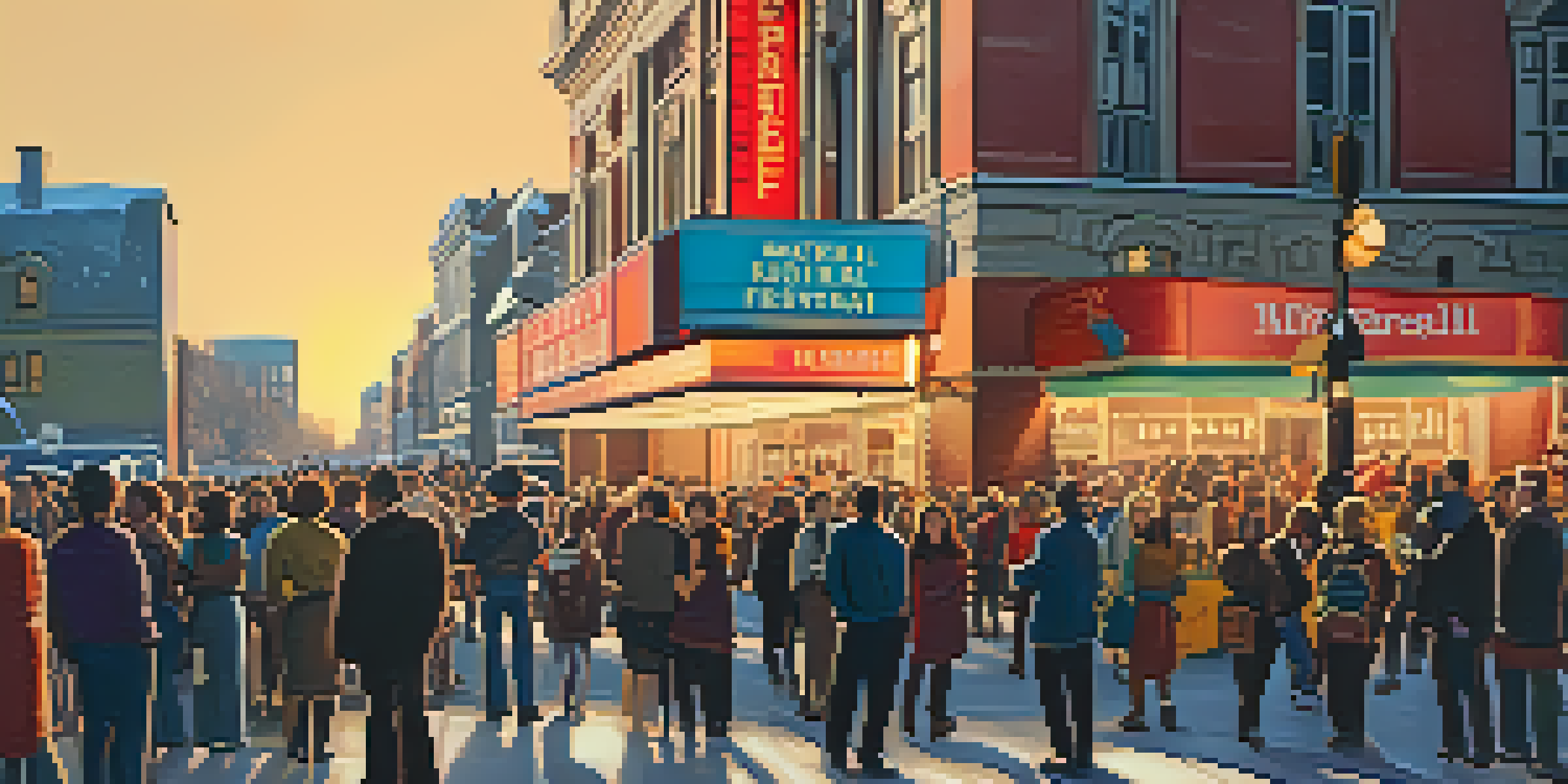 A lively outdoor scene at the Montreal World Film Festival with people chatting and colorful festival banners.