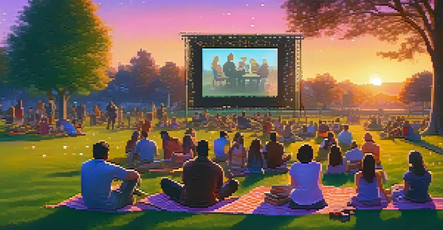 An outdoor film screening in a park at sunset, with a diverse audience enjoying the movie.