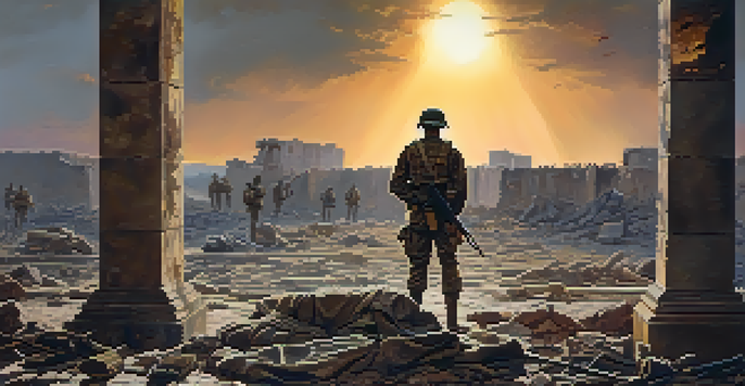 A soldier stands in a ruined battlefield, holding a photograph, with a sunset in the background.