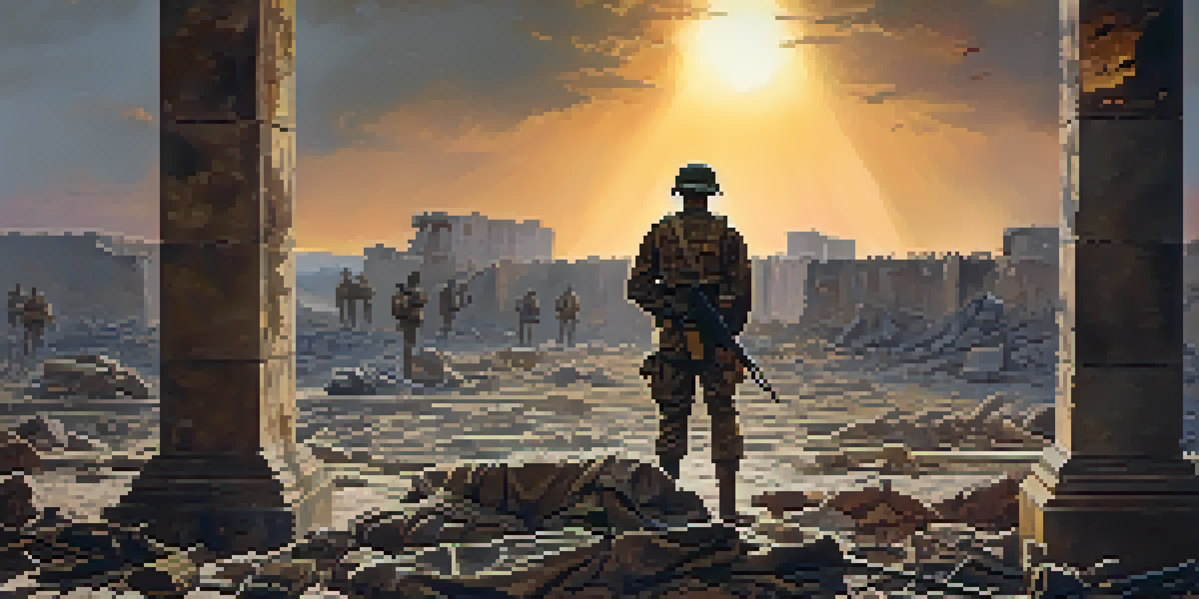A soldier stands in a ruined battlefield, holding a photograph, with a sunset in the background.