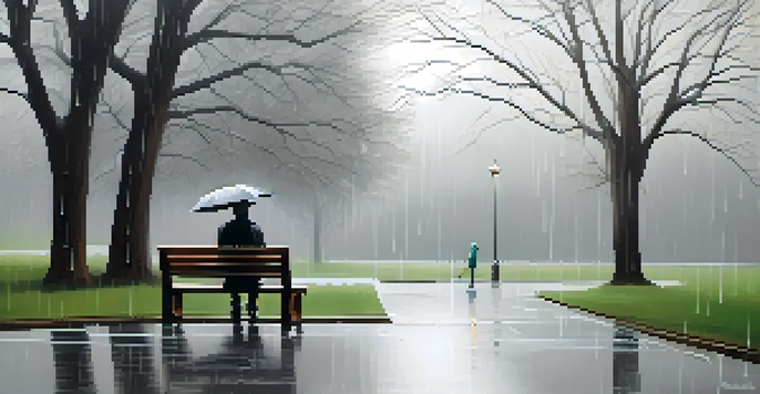 A solitary person sitting on a bench in a park on a rainy day, surrounded by blurred trees and gray clouds, conveying a sense of loneliness.
