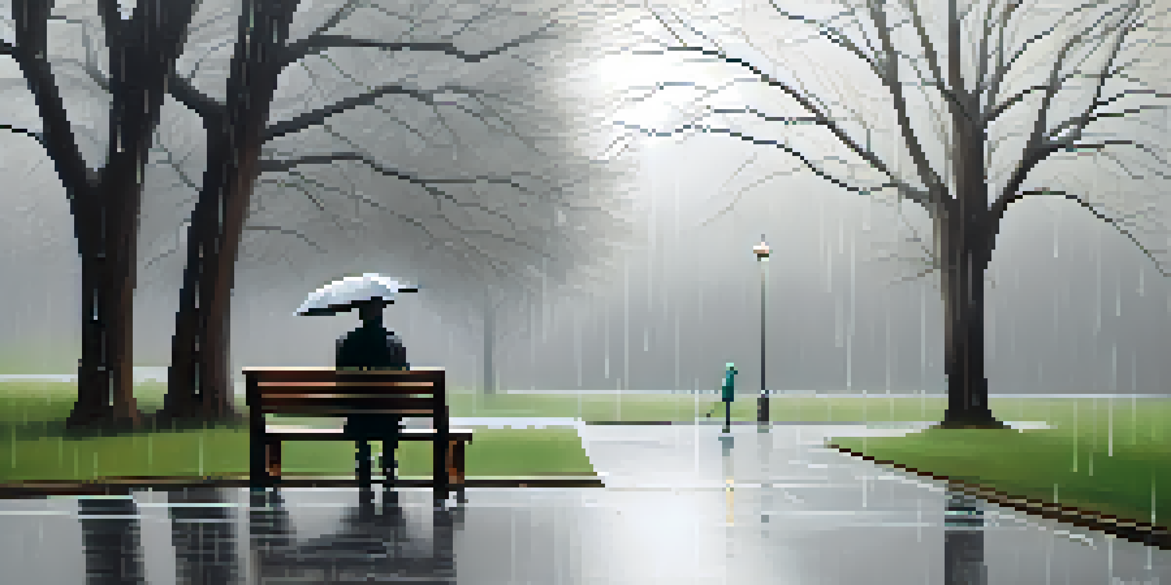 A solitary person sitting on a bench in a park on a rainy day, surrounded by blurred trees and gray clouds, conveying a sense of loneliness.