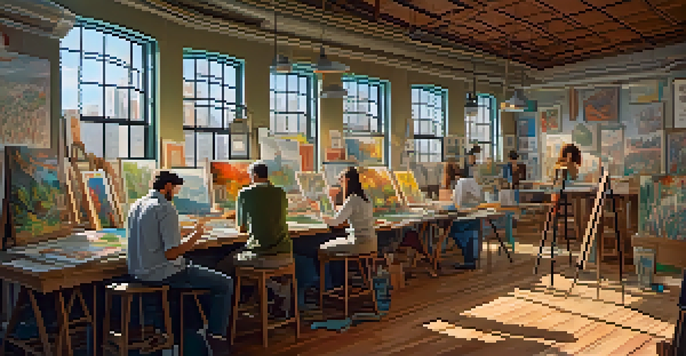 A traditional animation studio with artists creating hand-drawn animations, surrounded by colorful sketches and bright natural light.