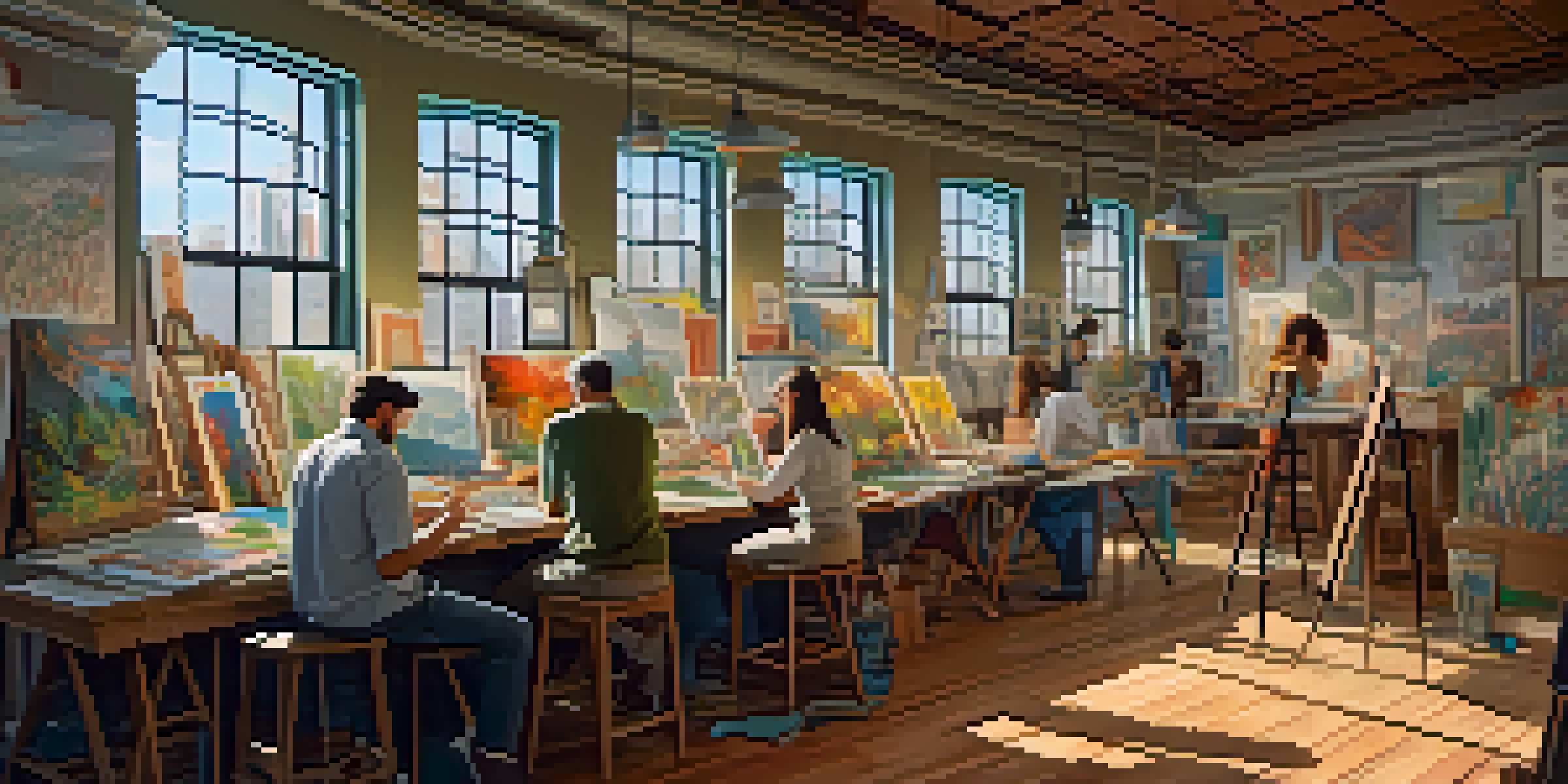 A traditional animation studio with artists creating hand-drawn animations, surrounded by colorful sketches and bright natural light.