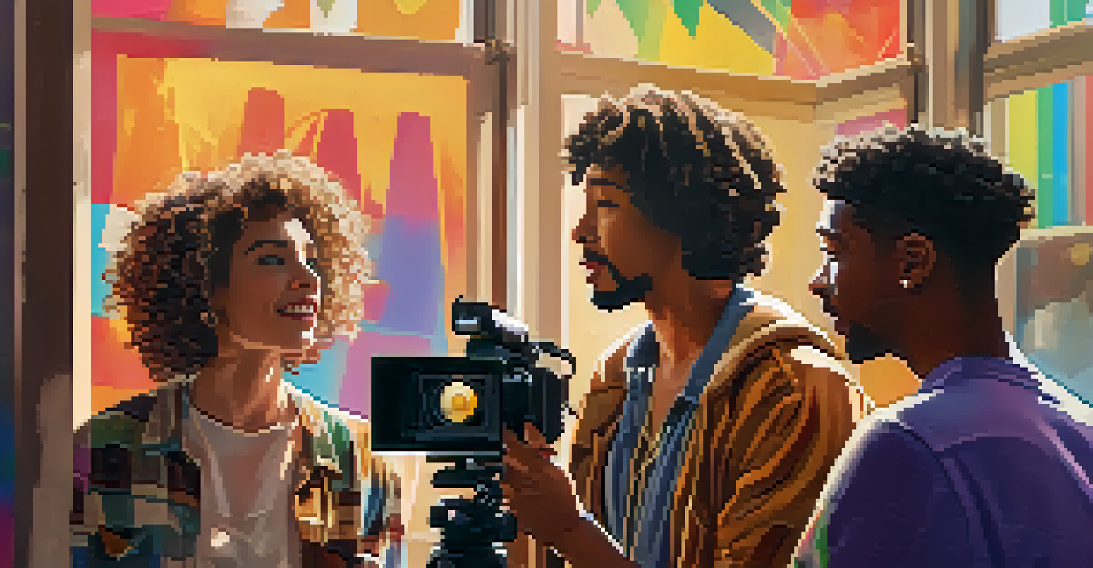 A filmmaker discussing a script with diverse actors, surrounded by film equipment and vibrant LGBTQ+ film posters.