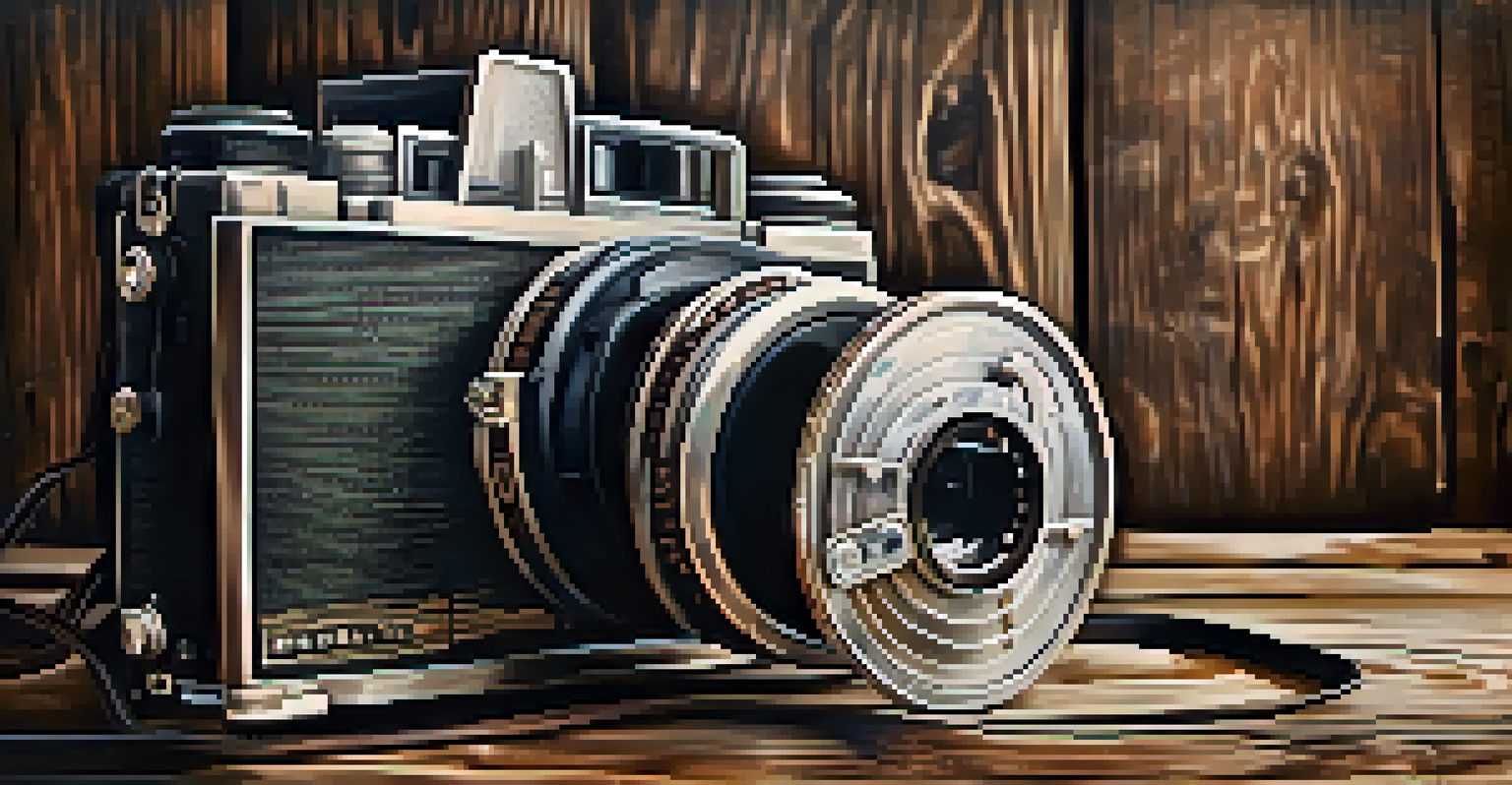 A close-up of a vintage camera and film reel on a textured wooden surface, with intricate details and soft lighting creating a nostalgic atmosphere.