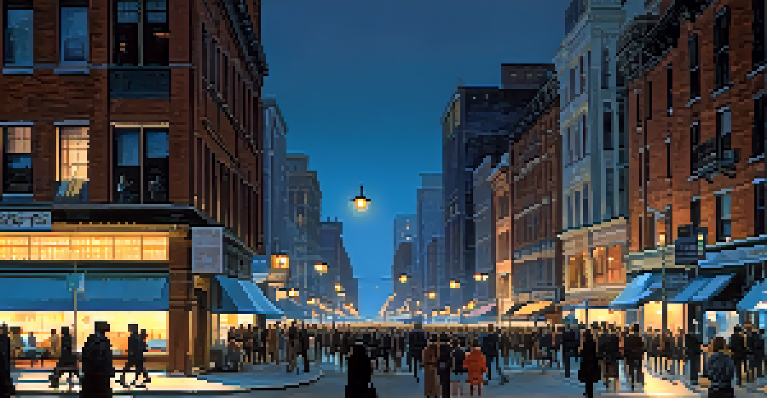 A wide shot of a city at dusk, featuring a solitary figure walking through a bustling street filled with people, illuminated by warm streetlights.