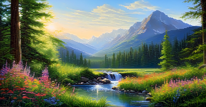 A peaceful forest scene with sunlight filtering through the trees, a clear stream, and colorful wildflowers.