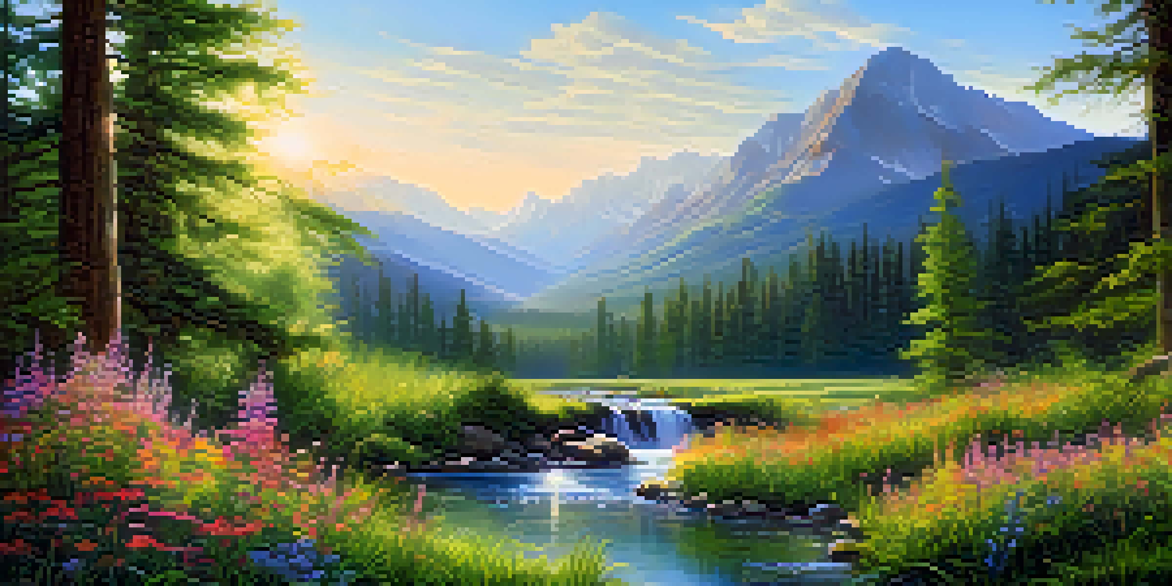 A peaceful forest scene with sunlight filtering through the trees, a clear stream, and colorful wildflowers.