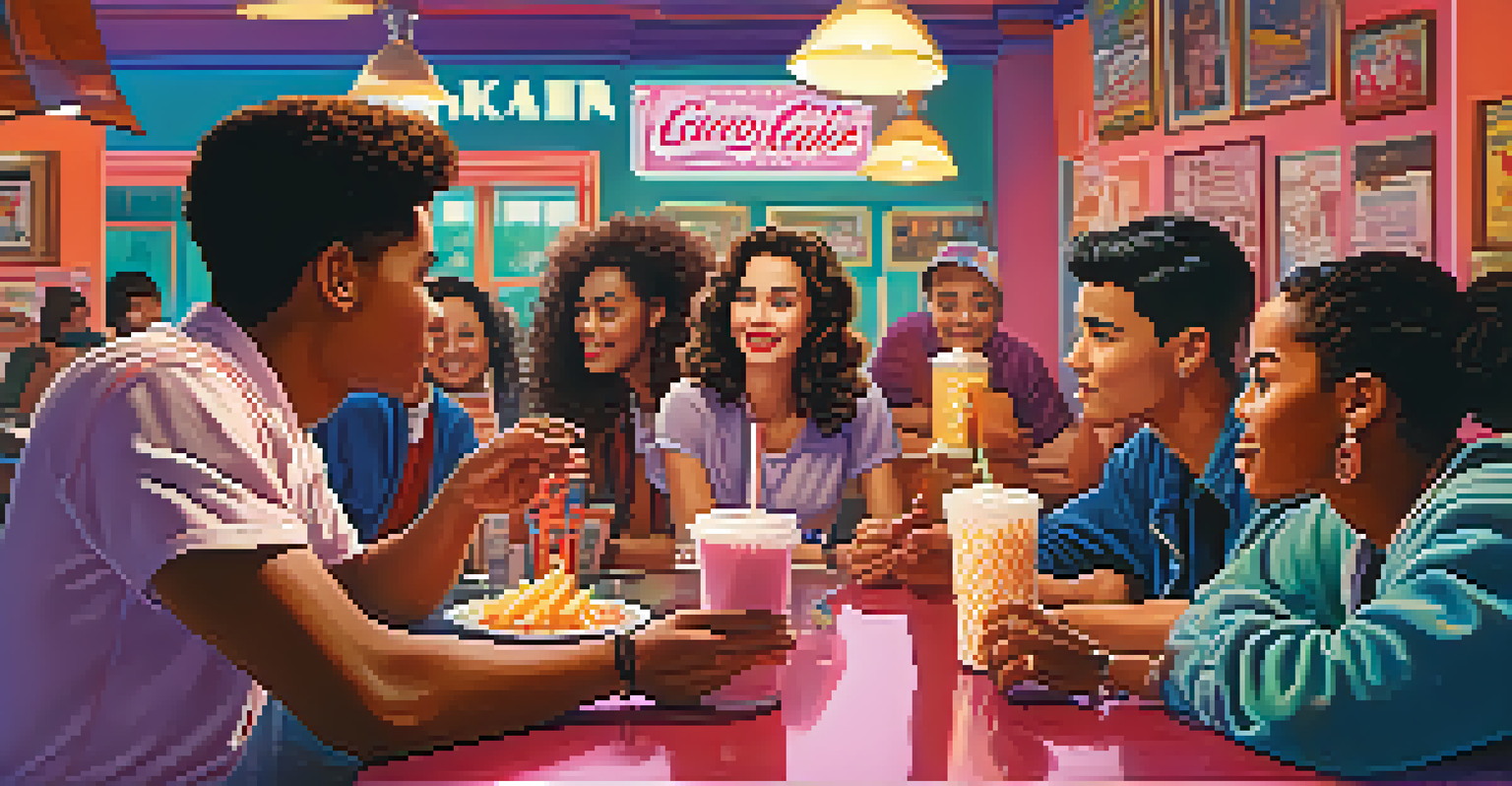 A 1990s café scene with diverse friends enjoying milkshakes and fries.