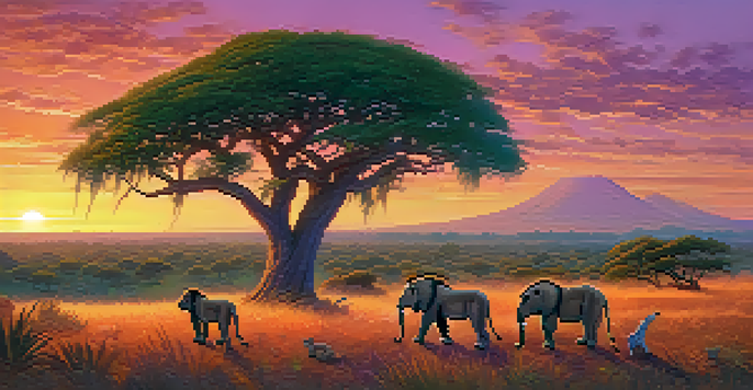 A colorful sunset scene in an African savanna with actors portraying characters from 'The Lion King', interacting with an audience amidst lush greenery.
