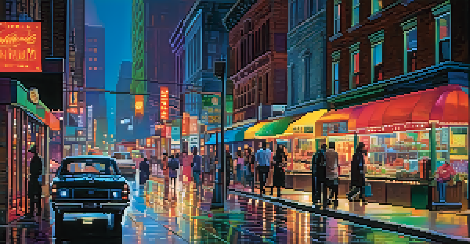 A lively city street at night, illuminated by neon lights and reflections on the wet pavement, filled with pedestrians.