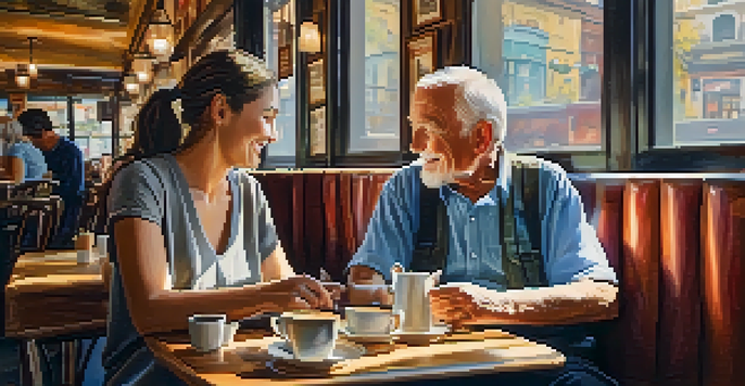 An elderly man and a young woman sitting in a sunlit café, enjoying a conversation over coffee.