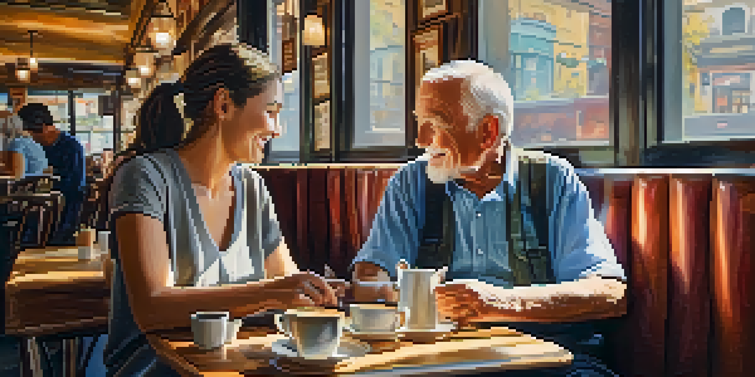 An elderly man and a young woman sitting in a sunlit café, enjoying a conversation over coffee.