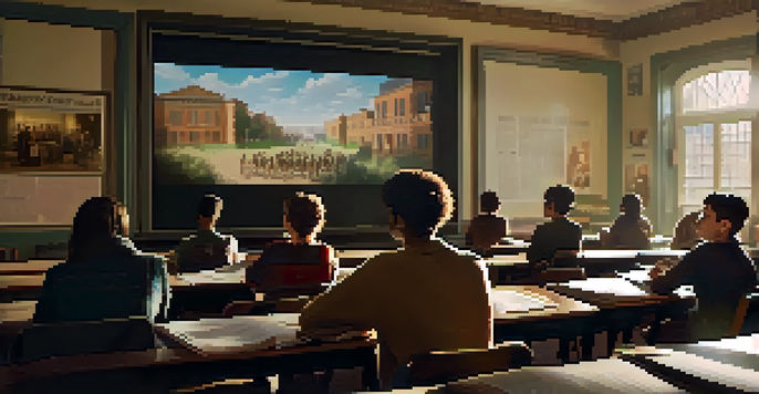 A classroom filled with diverse students watching a historical film on a large screen, with sunlight streaming through windows.
