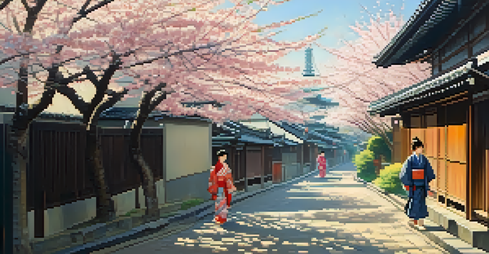 A traditional street in early 20th-century Tokyo with cherry blossom trees, wooden houses, and children in kimonos playing.