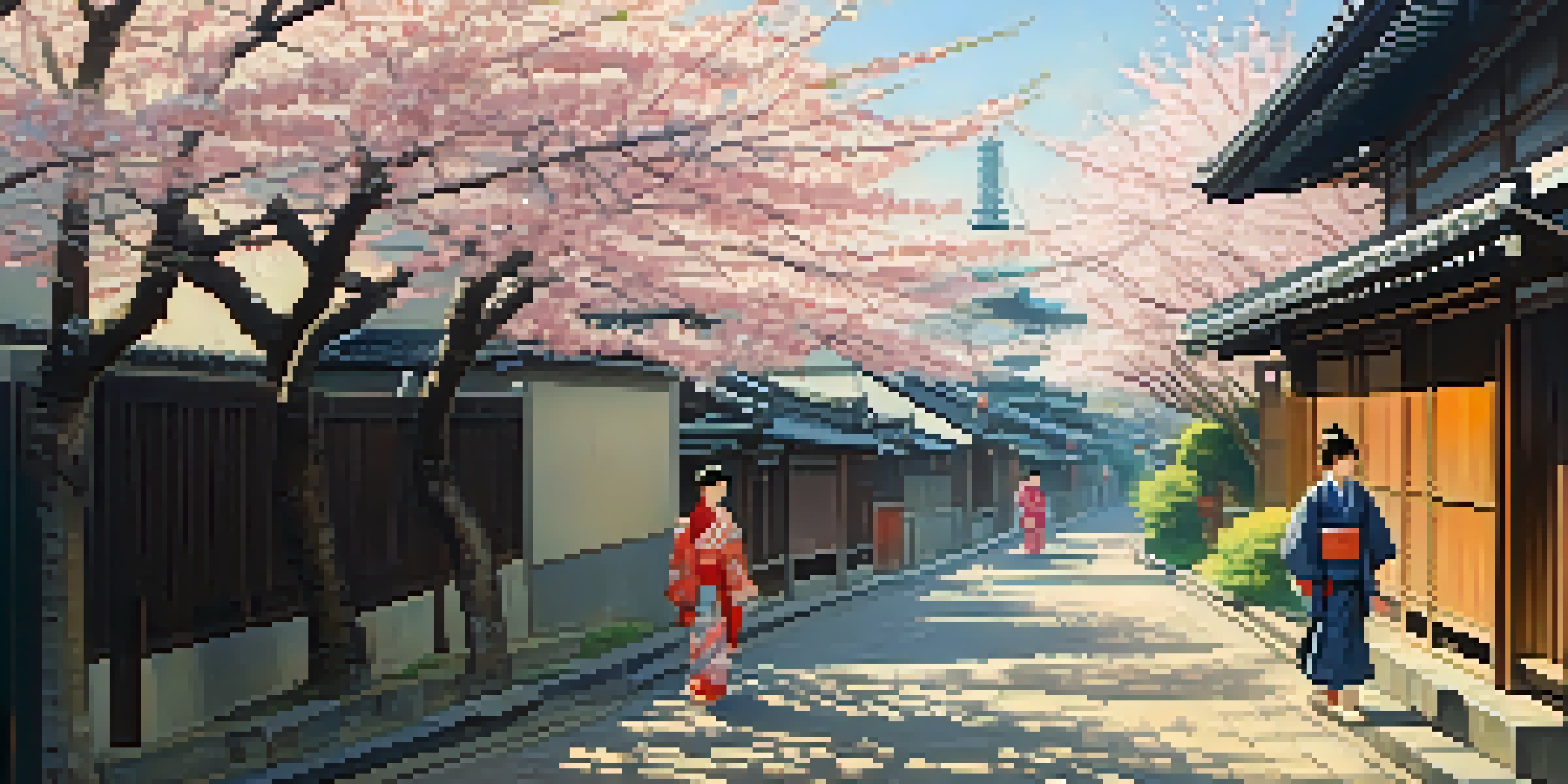 A traditional street in early 20th-century Tokyo with cherry blossom trees, wooden houses, and children in kimonos playing.