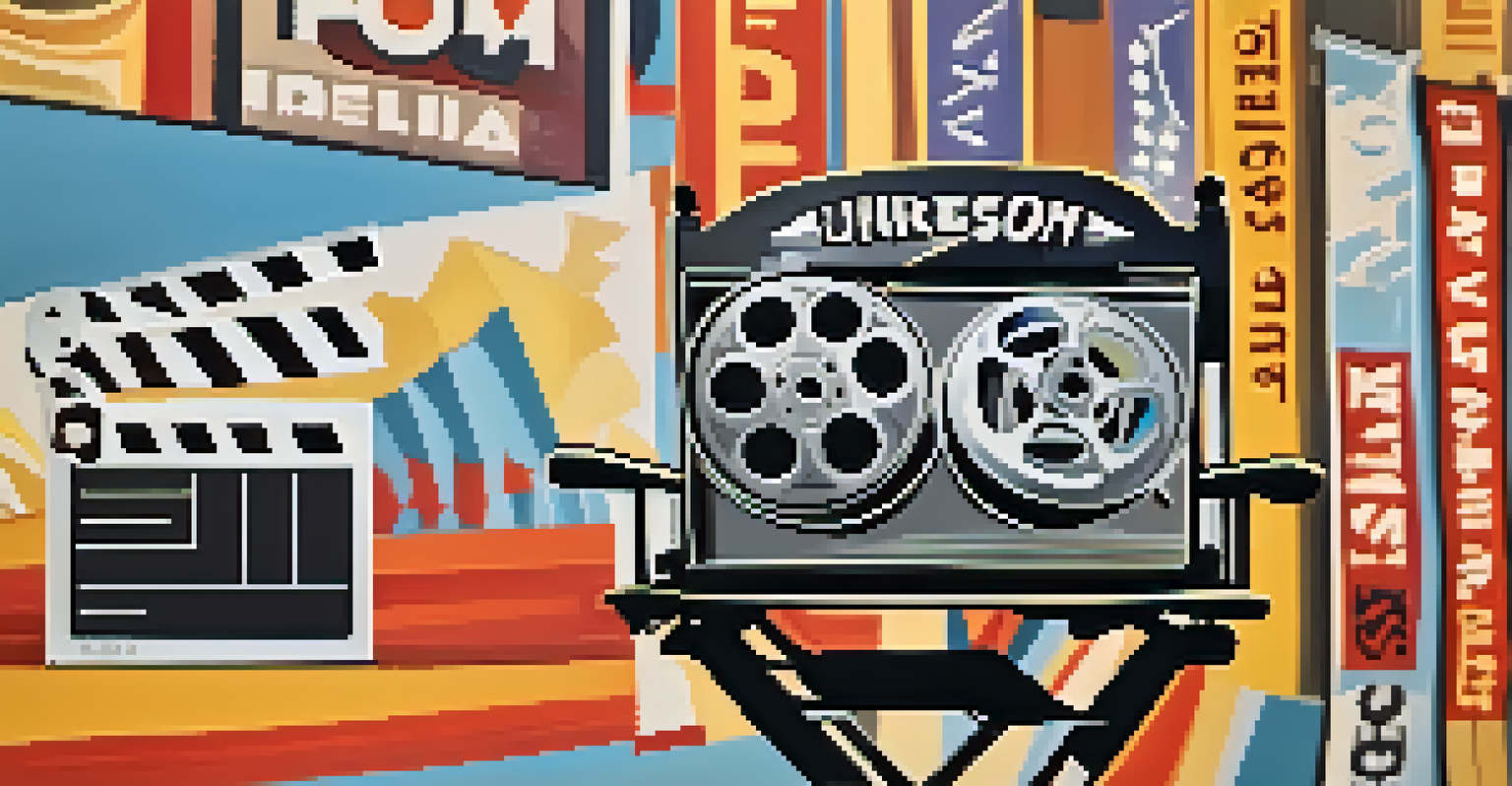 A close-up of a film reel and a director's chair at a film festival, with colorful banners in the background and sunlight casting soft shadows.